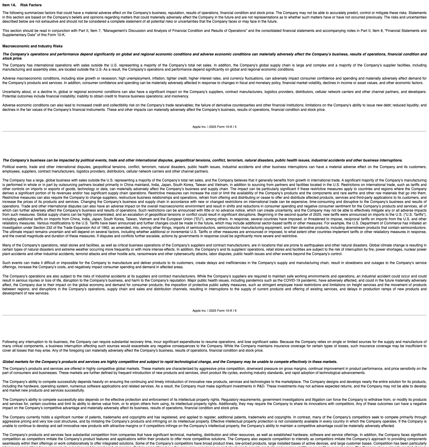 The start of Item 1A Risk Factors in Apple's 10-K