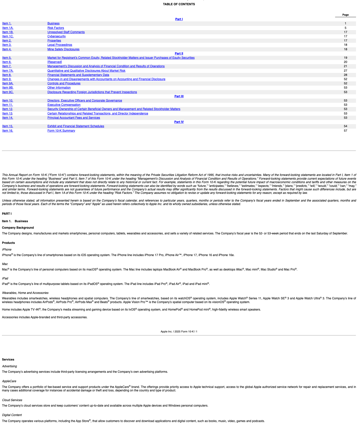 Table of contents of Apple's 10-K