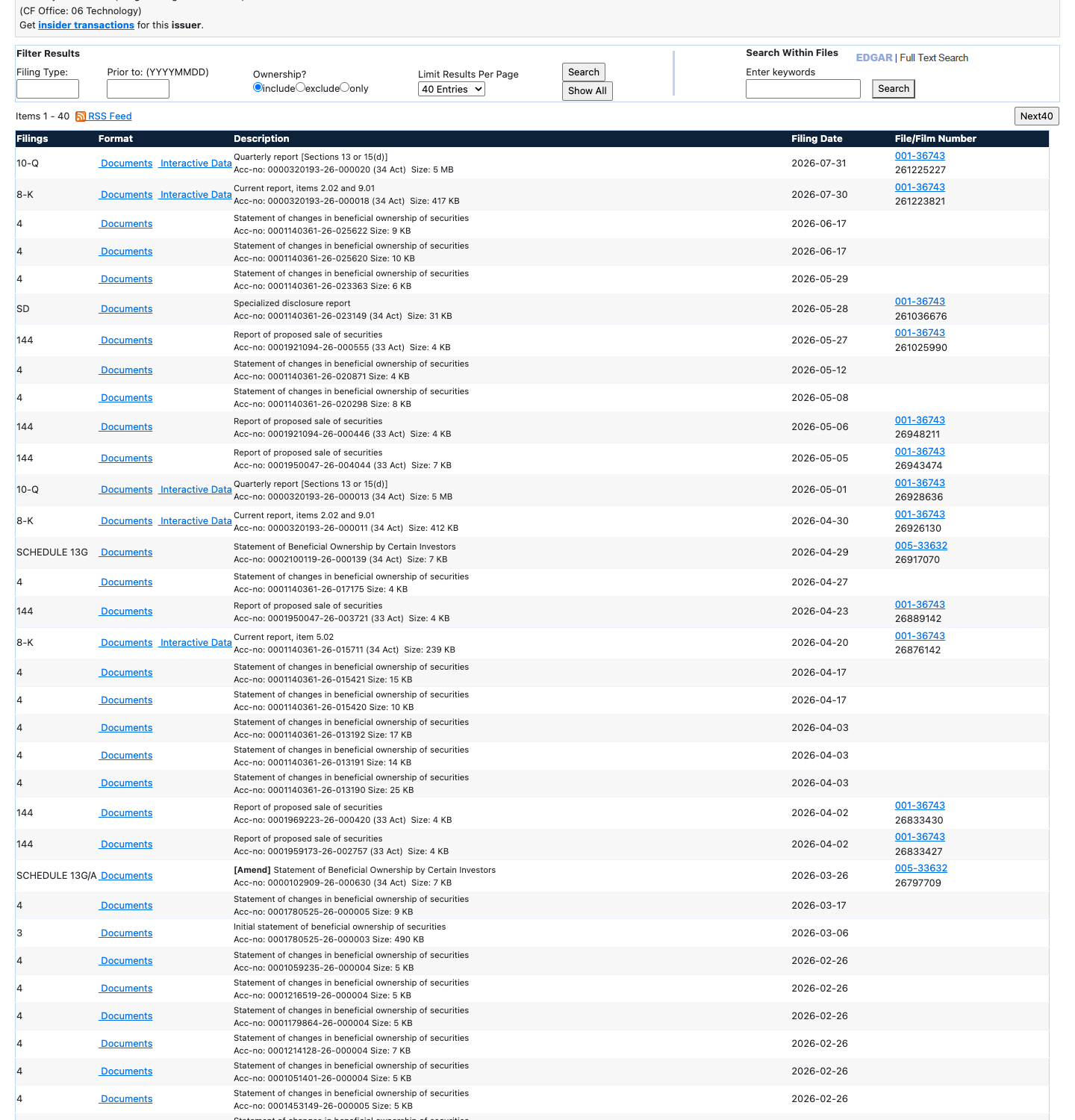 Apple's company page on EDGAR showing its long list of filings