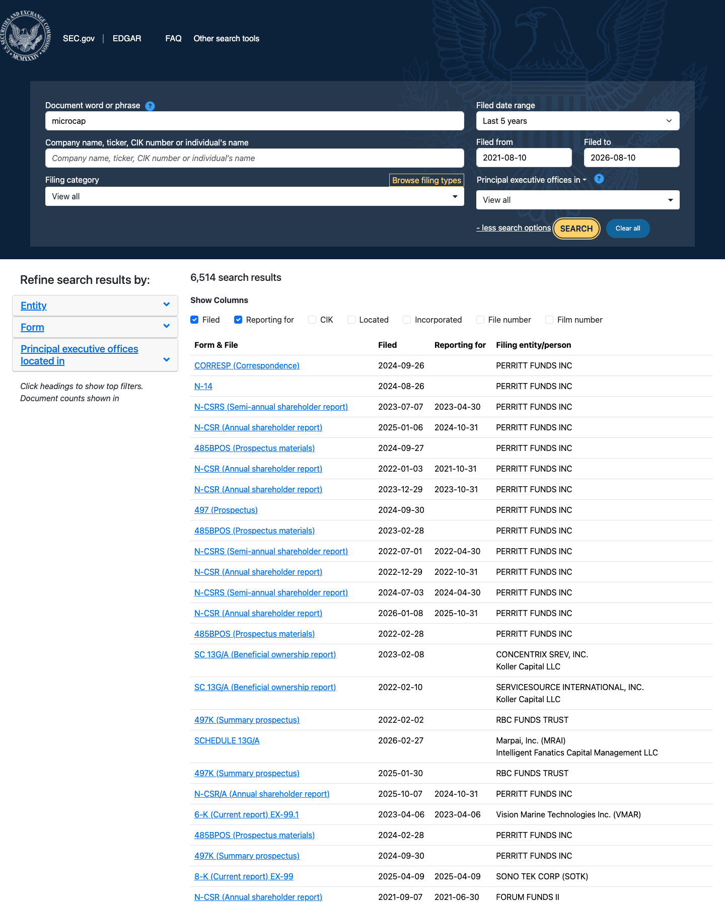 EDGAR full-text search with a query typed