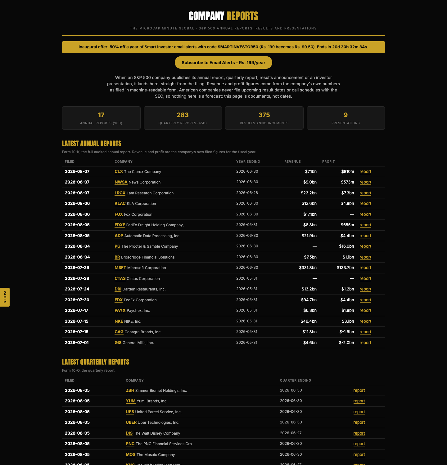 The reports page on the Smart Investor Tracker