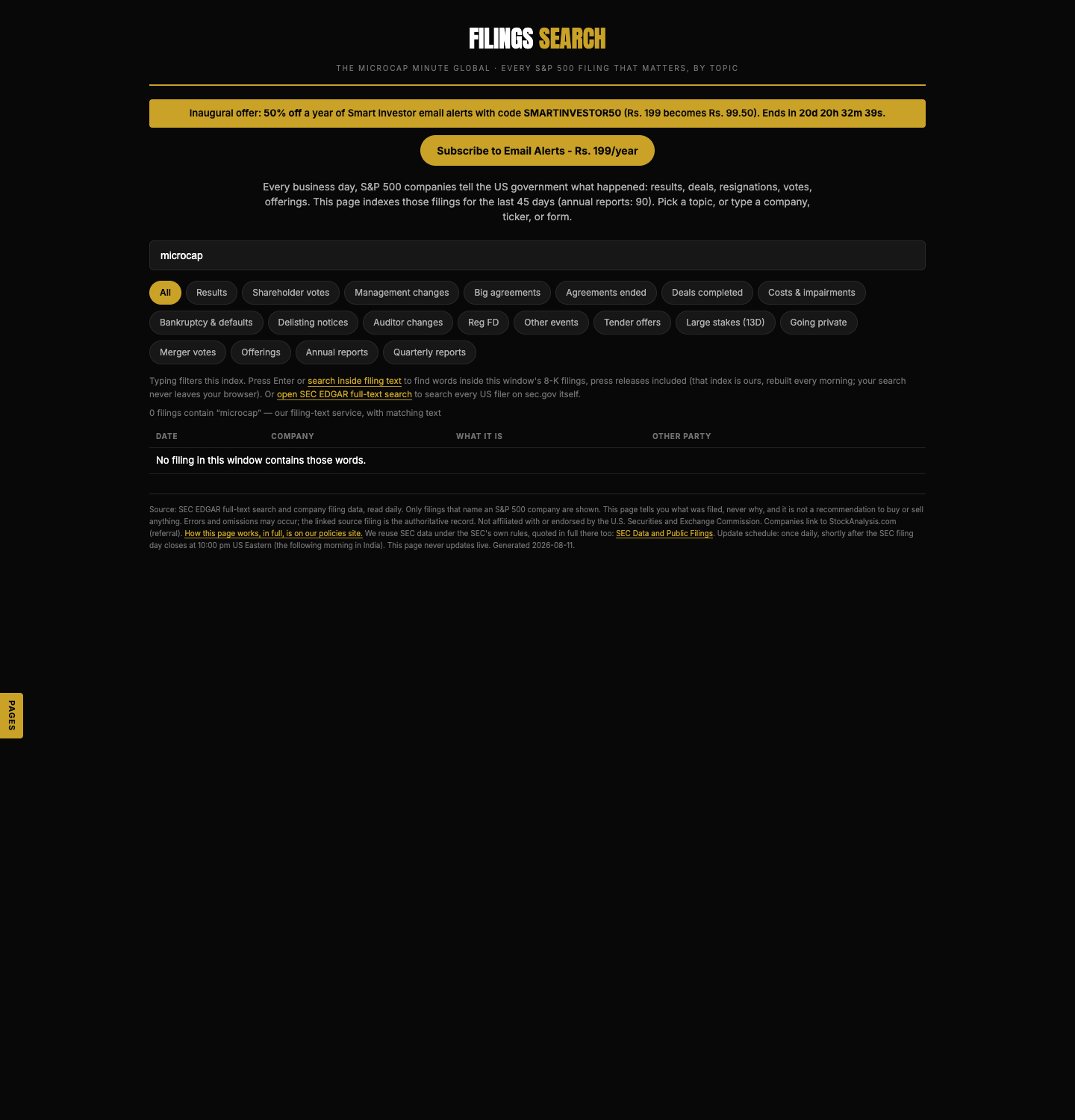The Smart Investor Tracker filings-search page